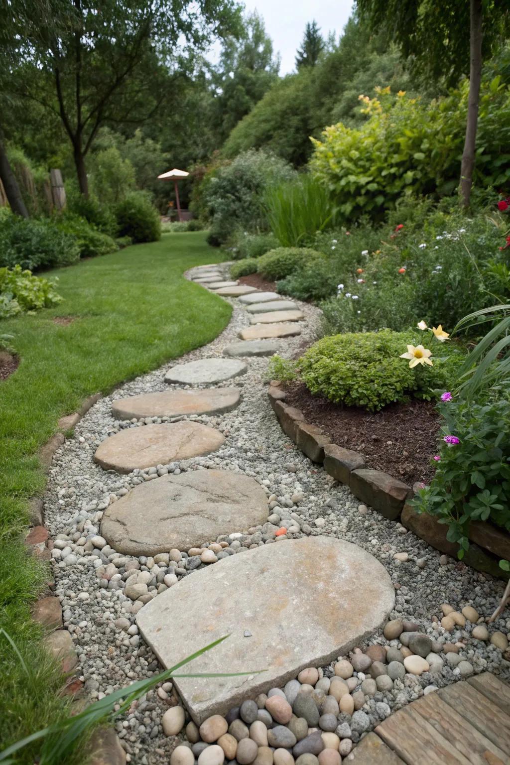 Pebble accents enrich any stone walkway with texture and intrigue.