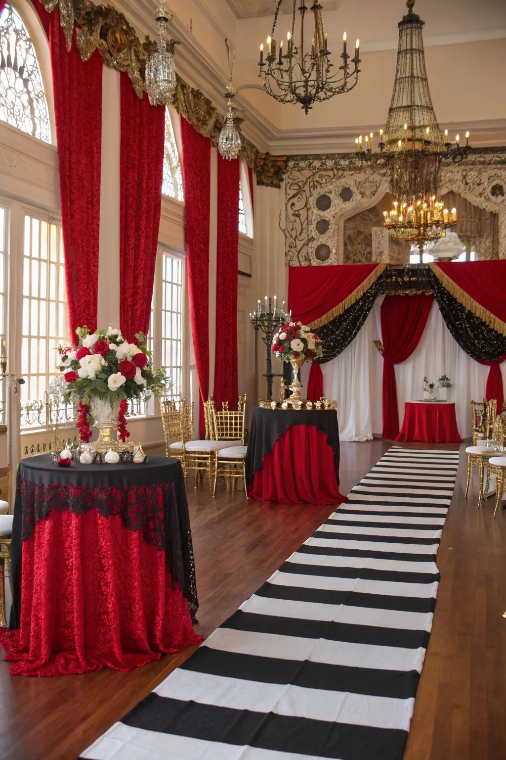 A vibrant rockabilly wedding setting showcasing bold colors.
