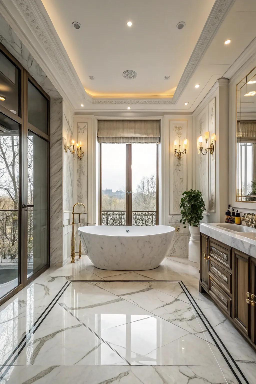 Granite bestows classical refinement upon this Roman-themed washroom.