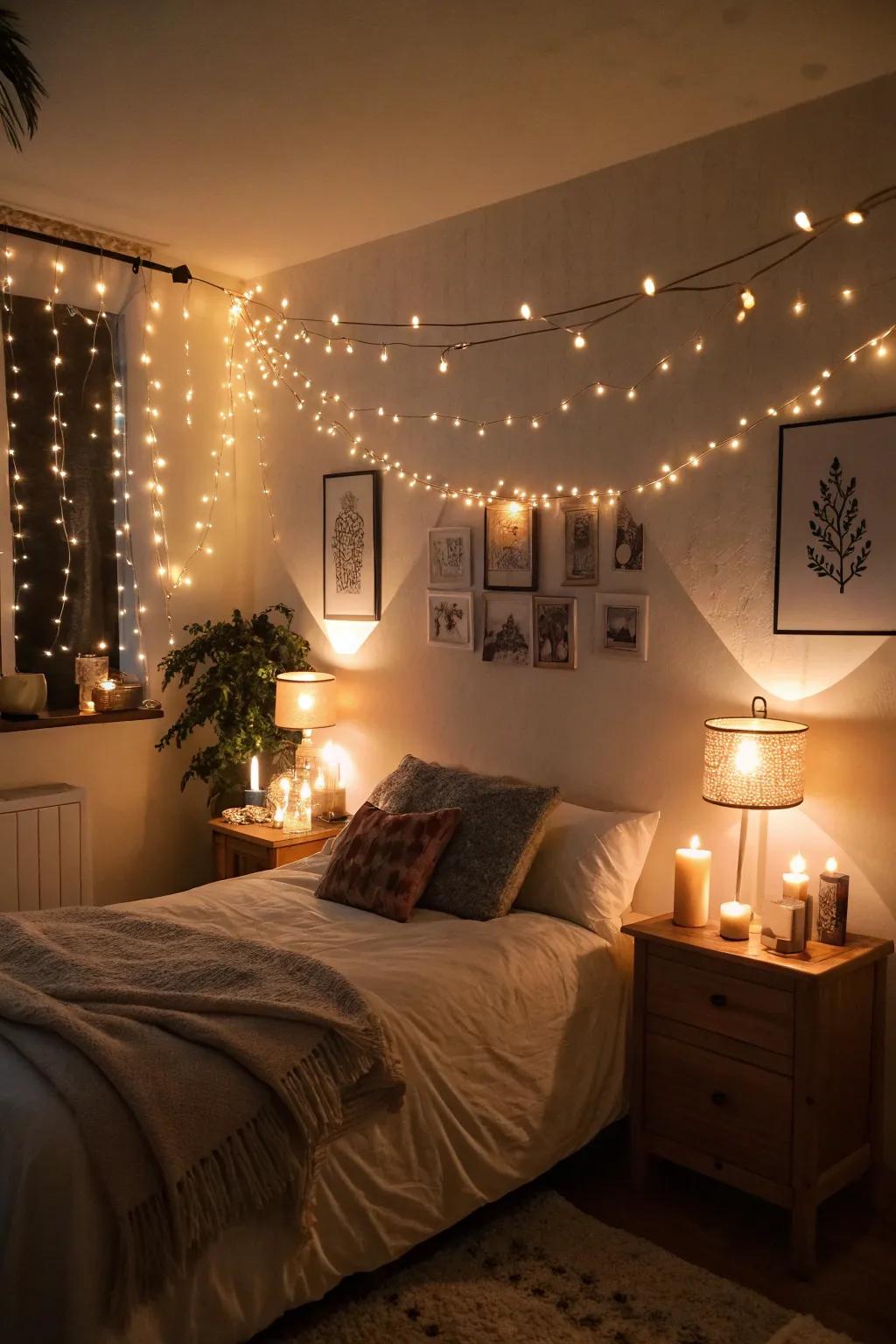 Gentle lighting from candles and lamps enhances the romantic vibe.