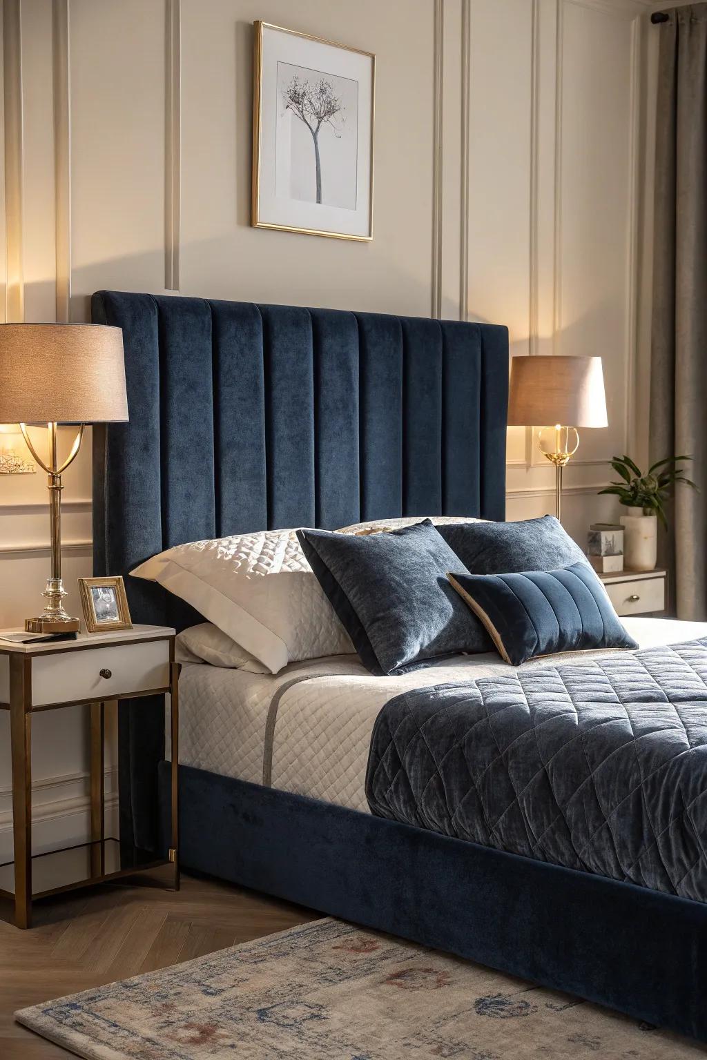 Suede accents contribute opulent luxury to your deep sea blue bedroom.
