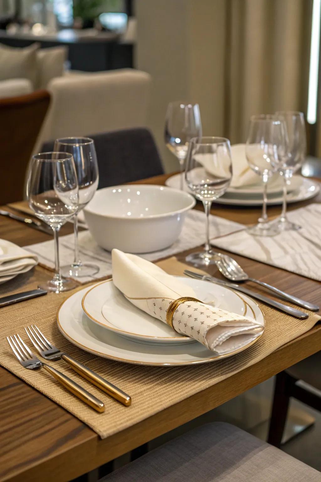 Elevate your table's appeal with sophisticated tableware and gleaming flatware for a hint of refinement.