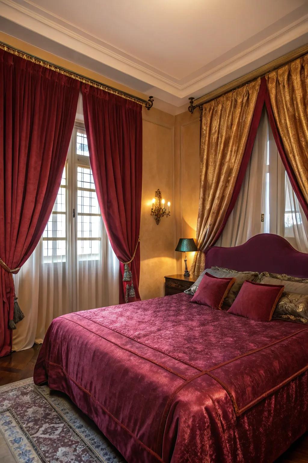 Luxurious velvet and satin textiles amplify the opulent sensation of this bedroom.