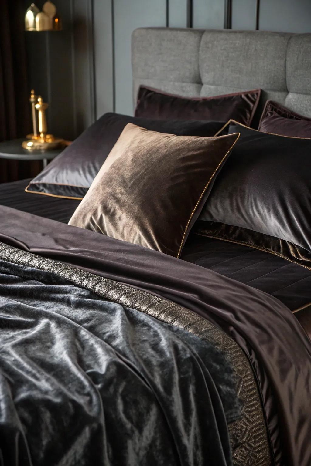 Sumptuous velvet and silk textiles amplify the gothic grace of the boudoir.