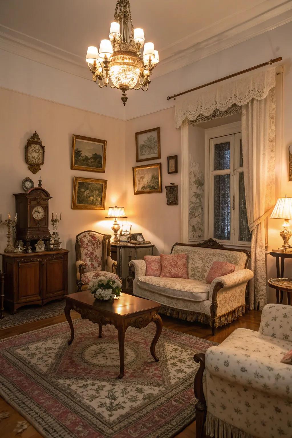 A living room showcasing nostalgic tints and vintage beauty, reflecting a home's timeless soul.
