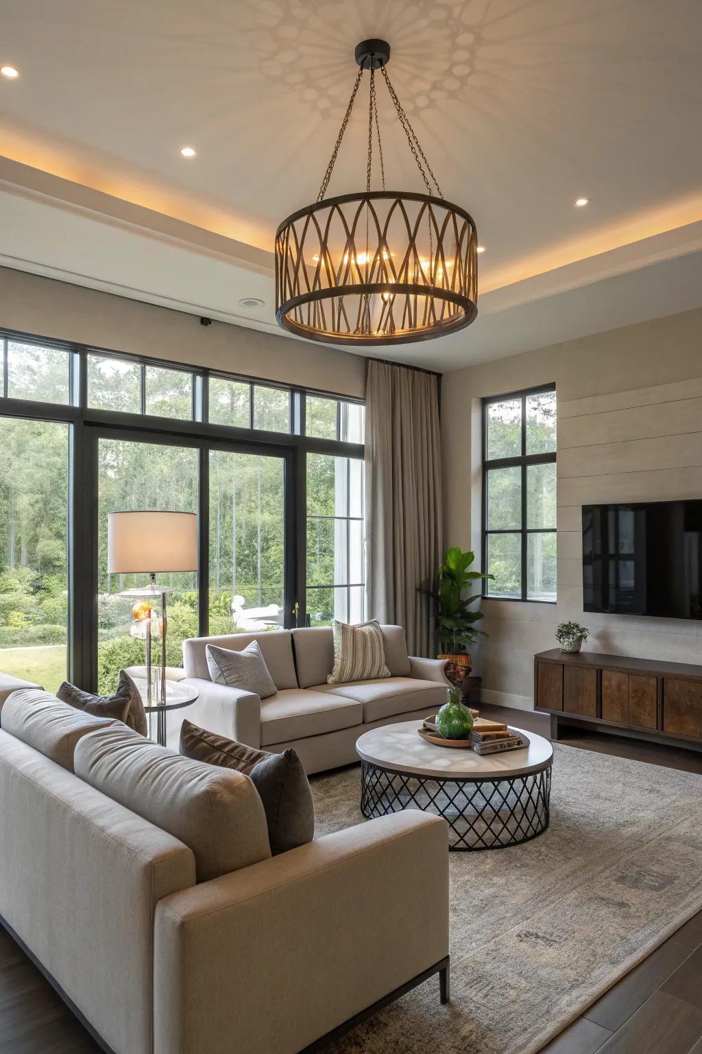 A welcoming modern living room featuring stylish lighting.