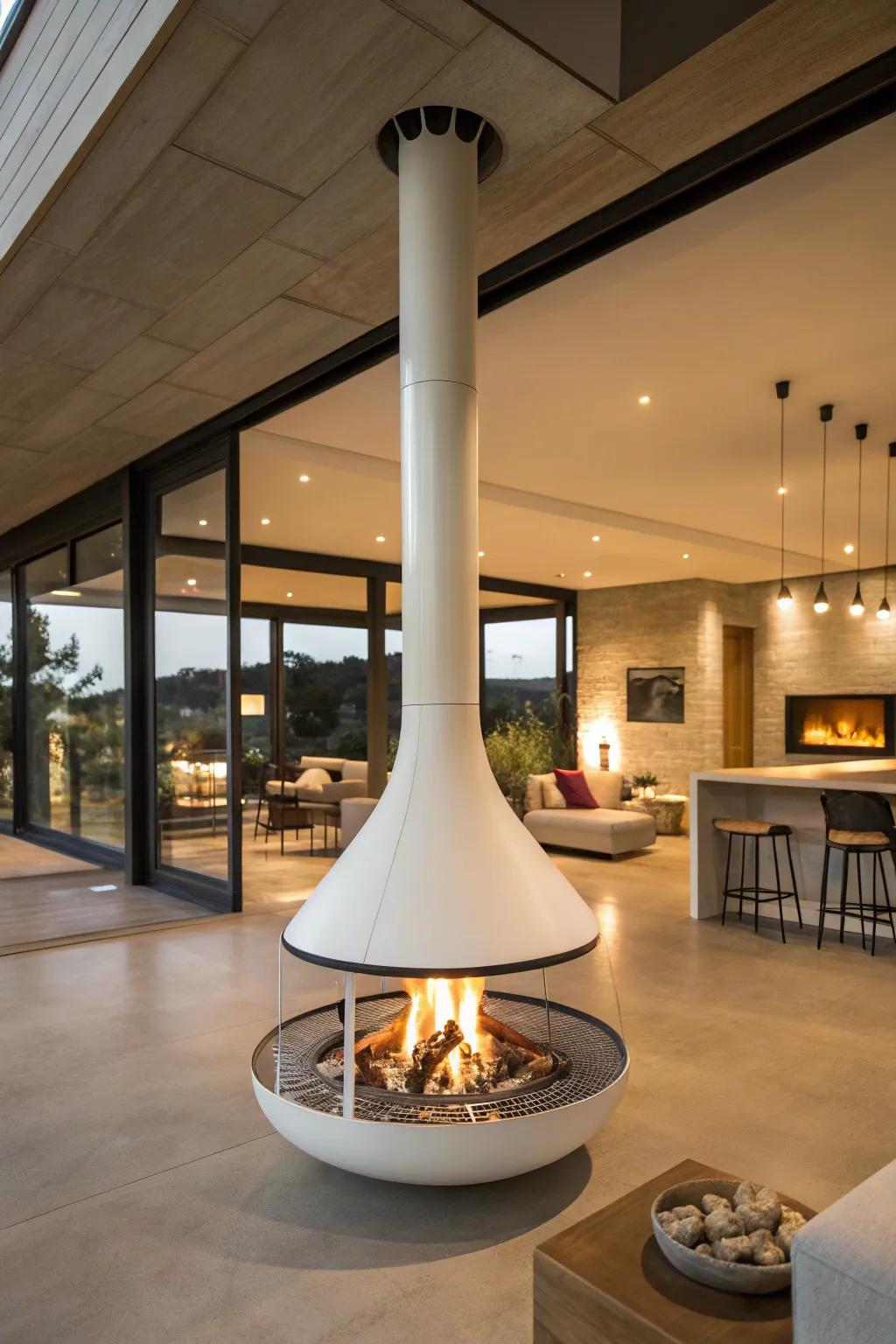 A floating fireplace ensures warmth and an unblocked view for an open-concept living space.