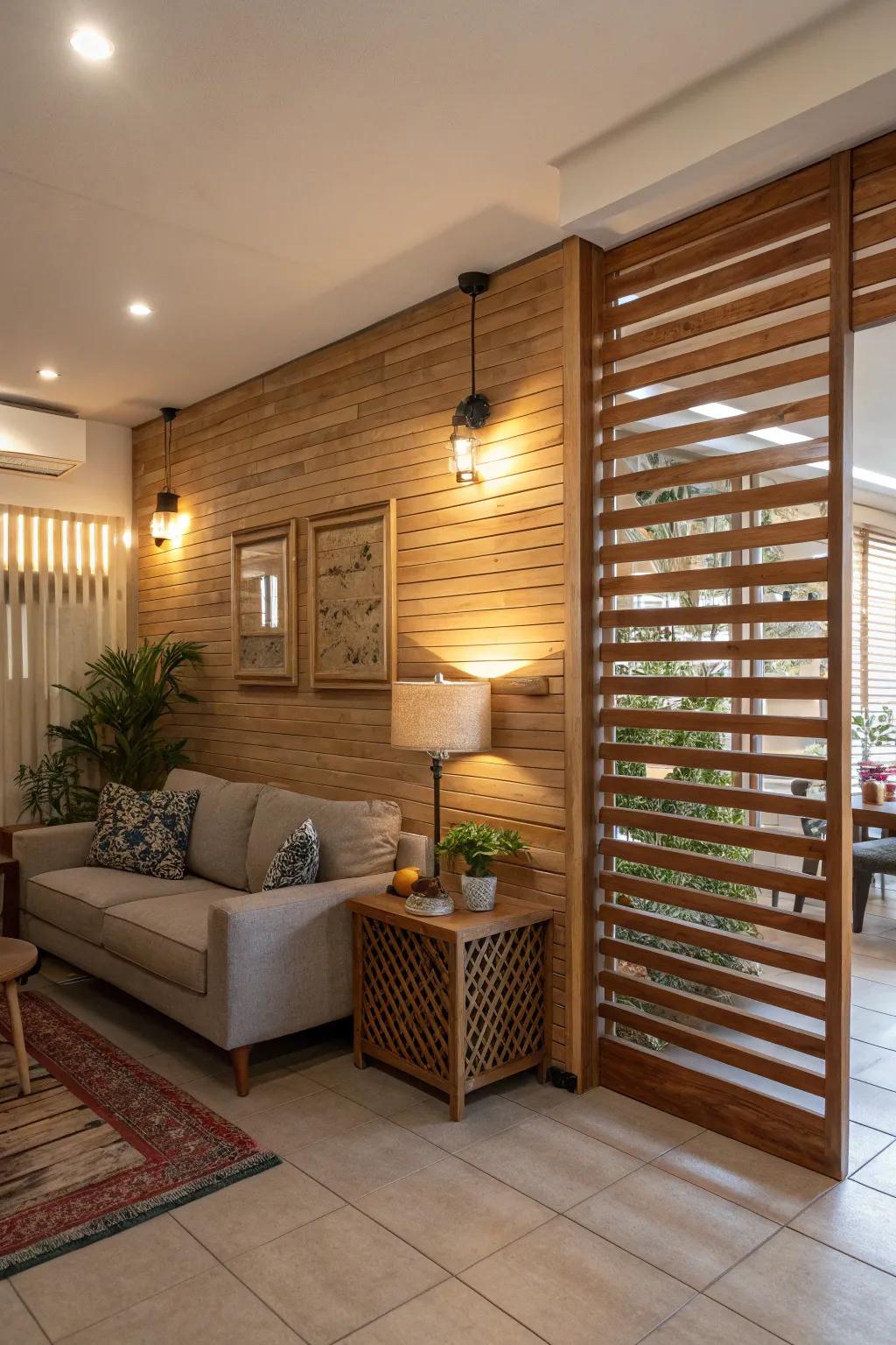 A welcoming living space featuring a timber slat low wall, maximizing natural light.