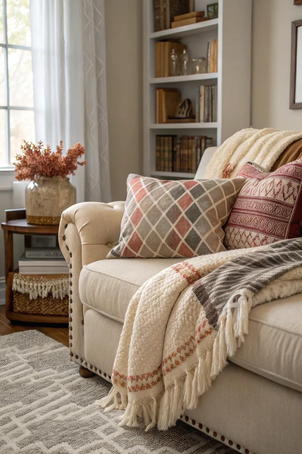 A comfortable nook filled with layered textures and plush cushions.