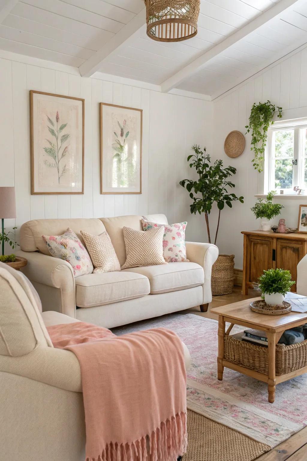 A living space showcasing a soft, neutral color scheme that promotes a calming atmosphere.