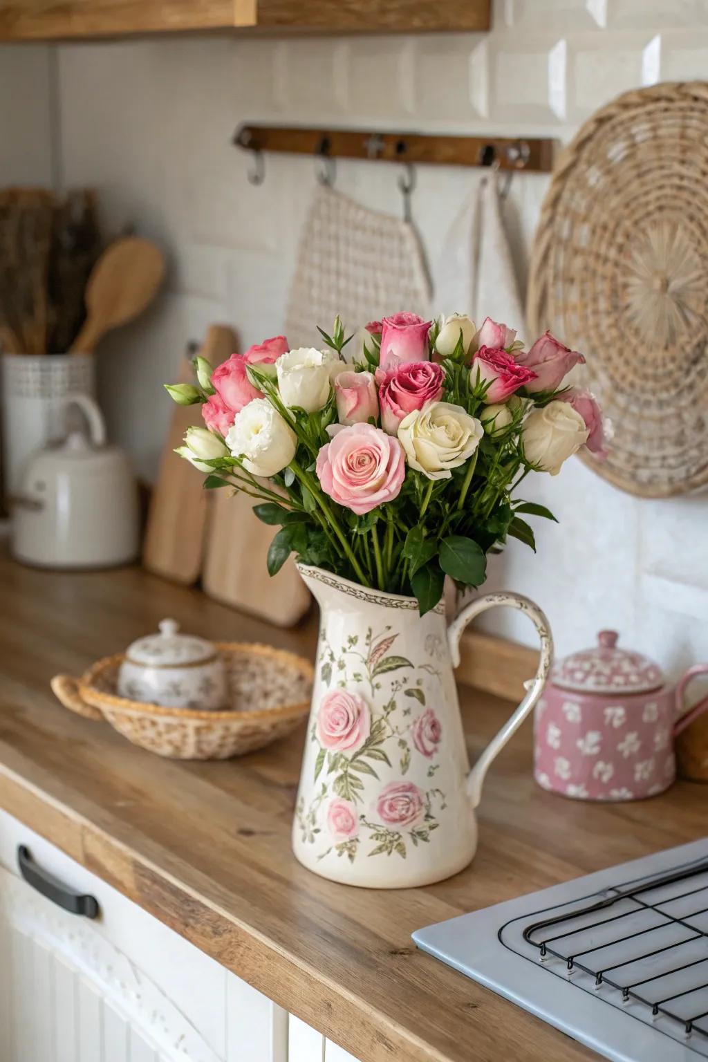 Countryside charm featuring a clay vessel and fragile roses.
