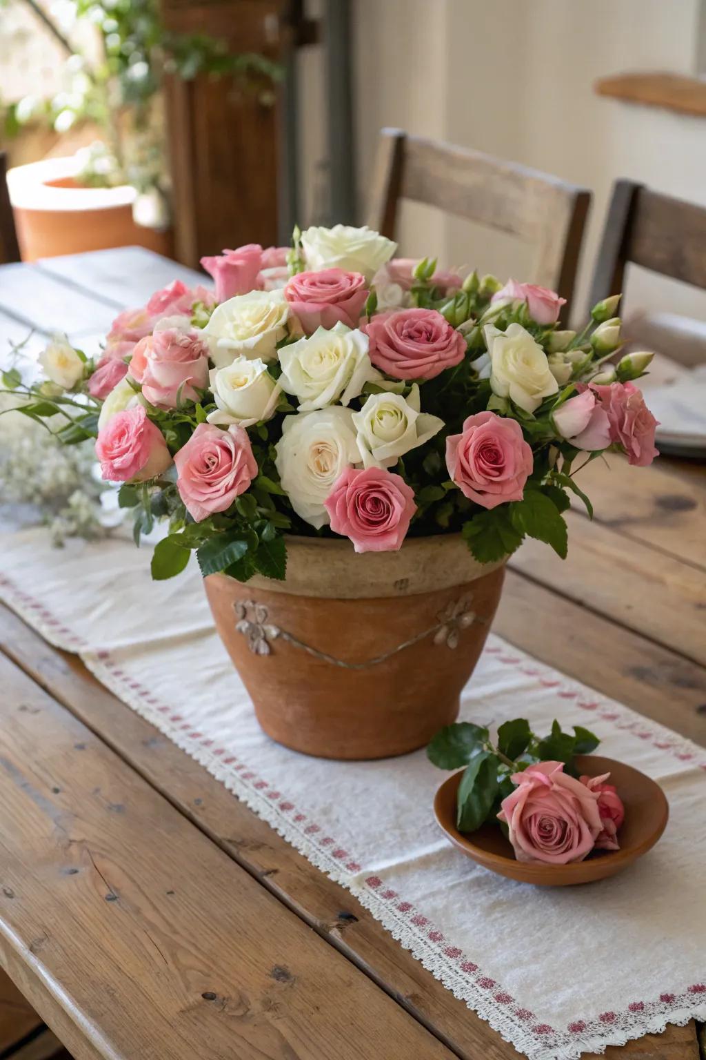 Homespun Appeal with Earthenware and Mixed Roses