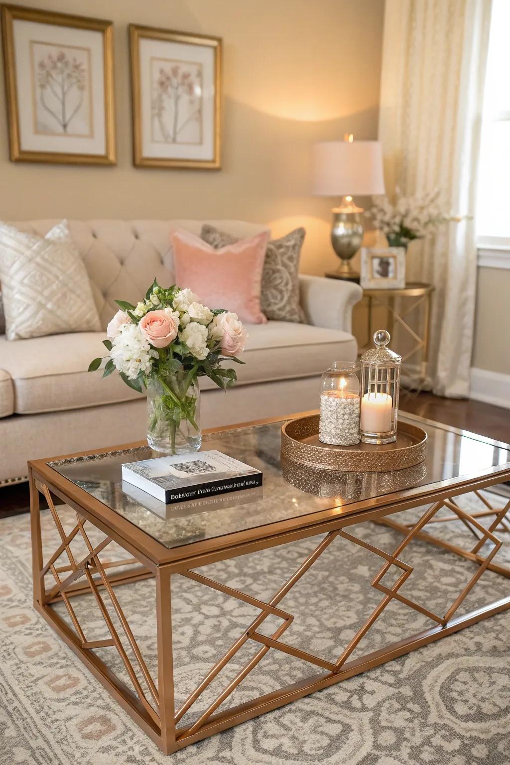 A striking rose gold center table enhances beauty within the lounge.