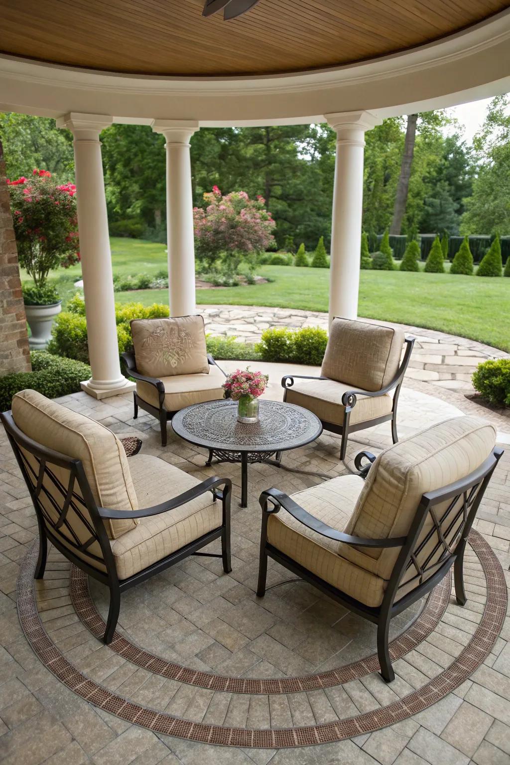 Circular seating improves social interactions on this patio.