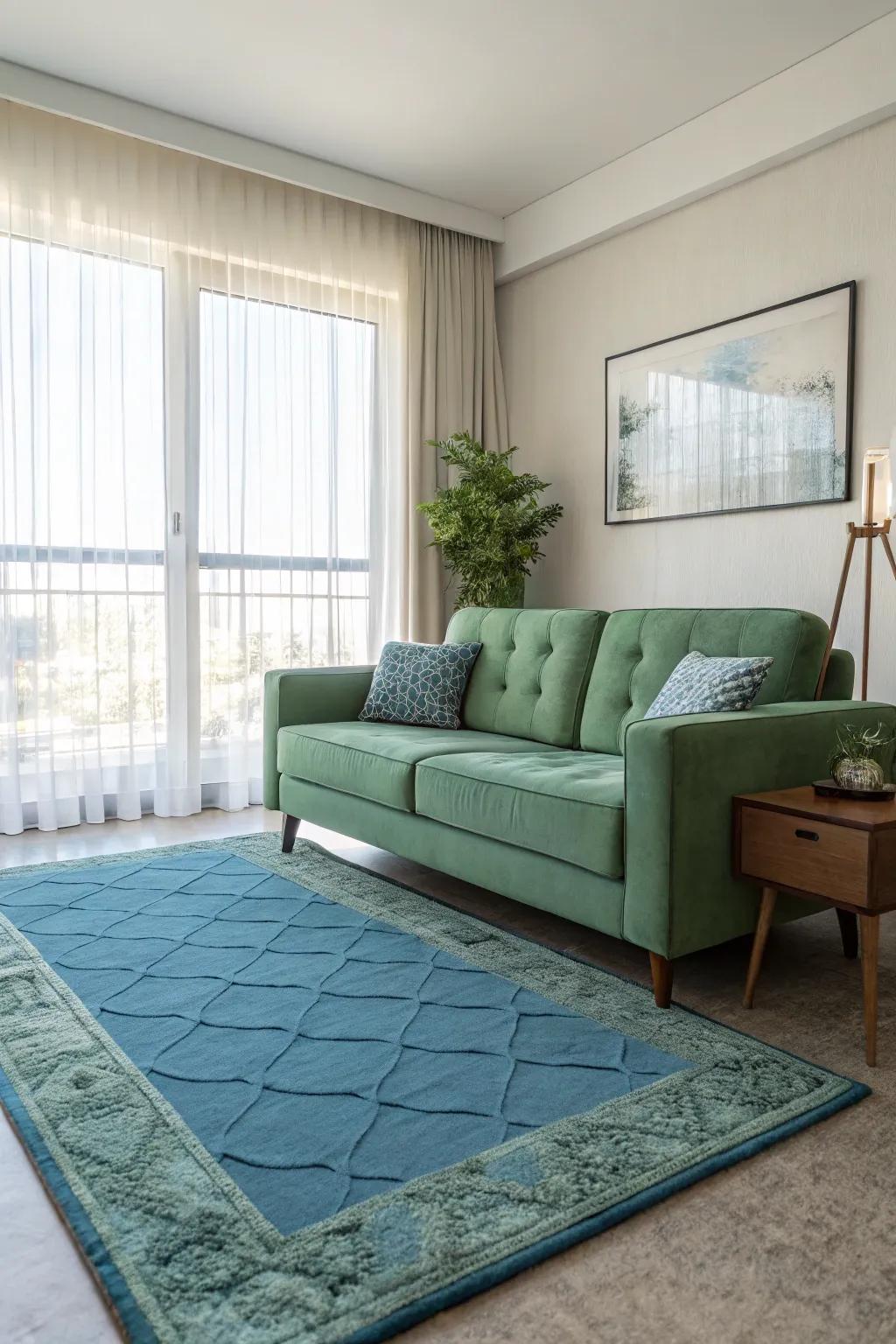 Relaxed azures fashion a lively contrast with a green sofa.