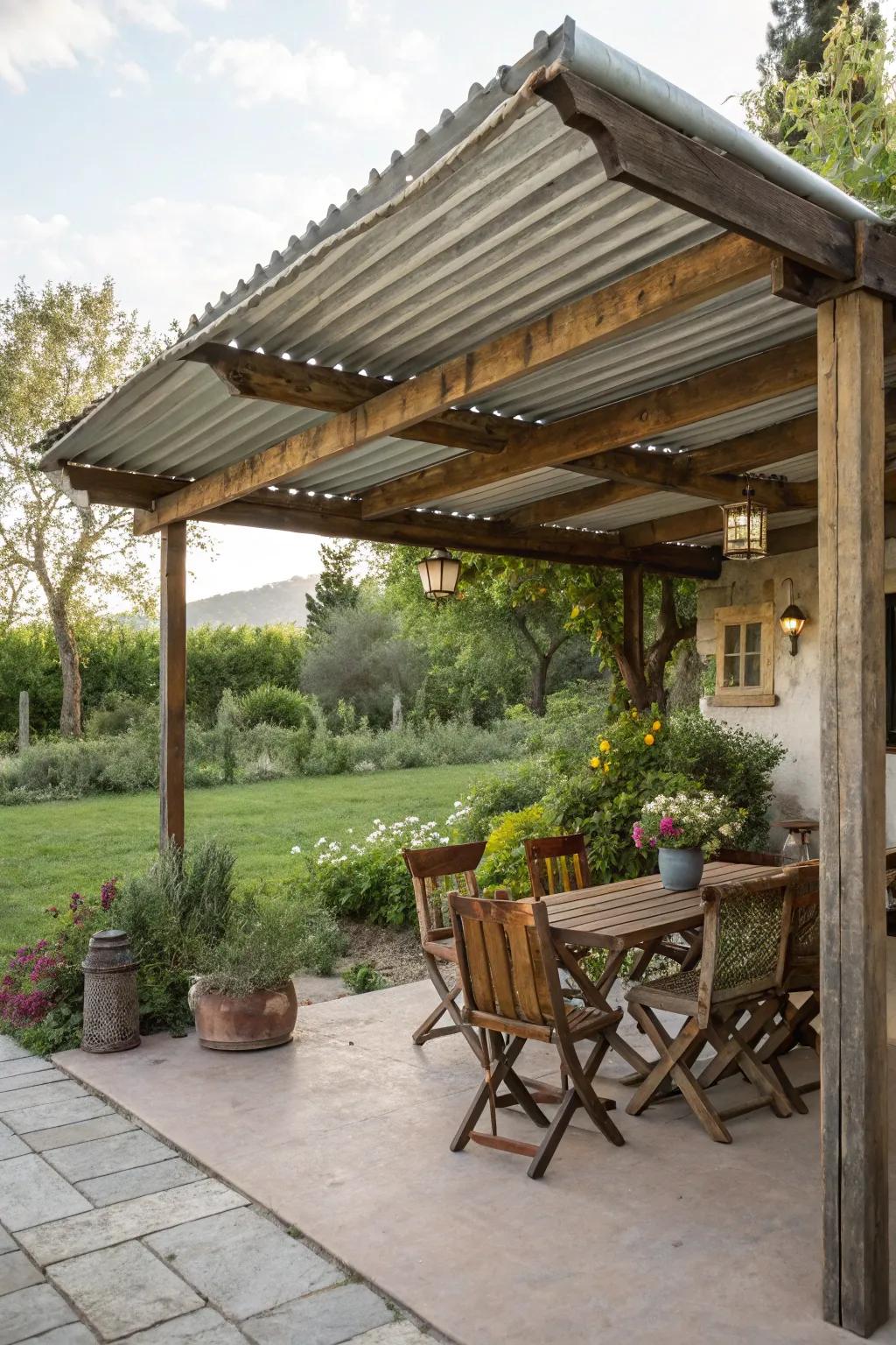 Wavy iron sheeting and timbers fashion a polished, countryside aesthetic.