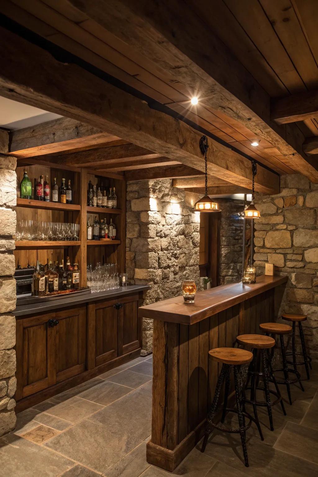 Walls accented with stone, delivering an authentic and textured setting.