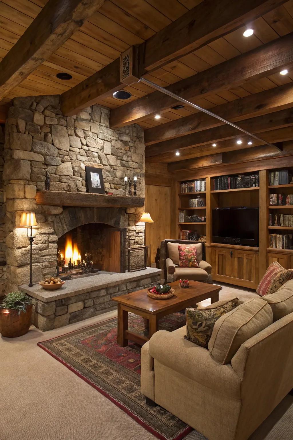 A stone fireplace serves as the heart of a cozy, rustic basement.