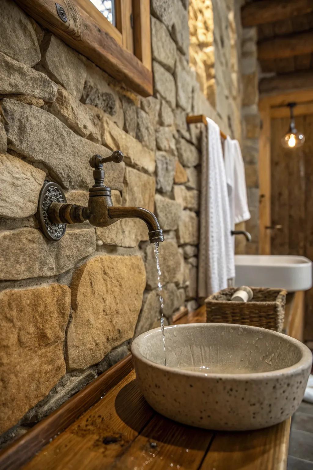 Wall-mounted spigots offer a sleek, rustic aesthetic.