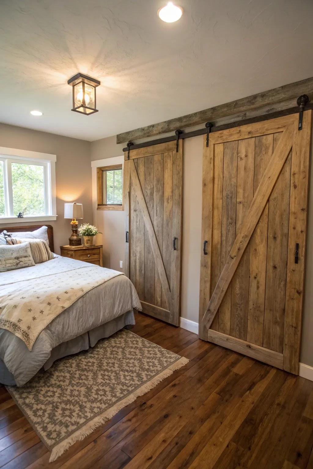 Farmhouse-style doors bring a distinctive country charm to any bedroom.