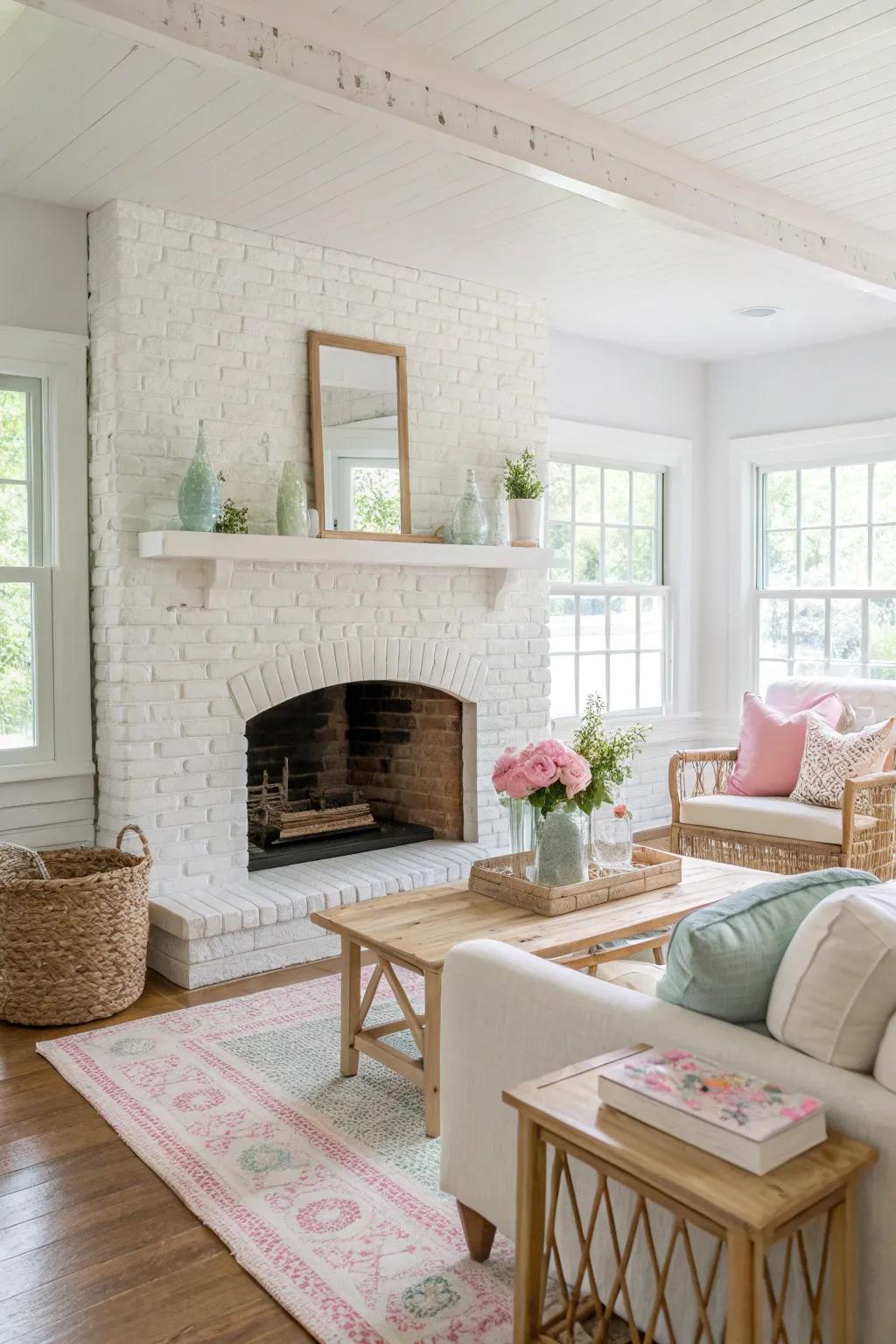 A whitewashed brick fireplace gives off a light and airy vibe.