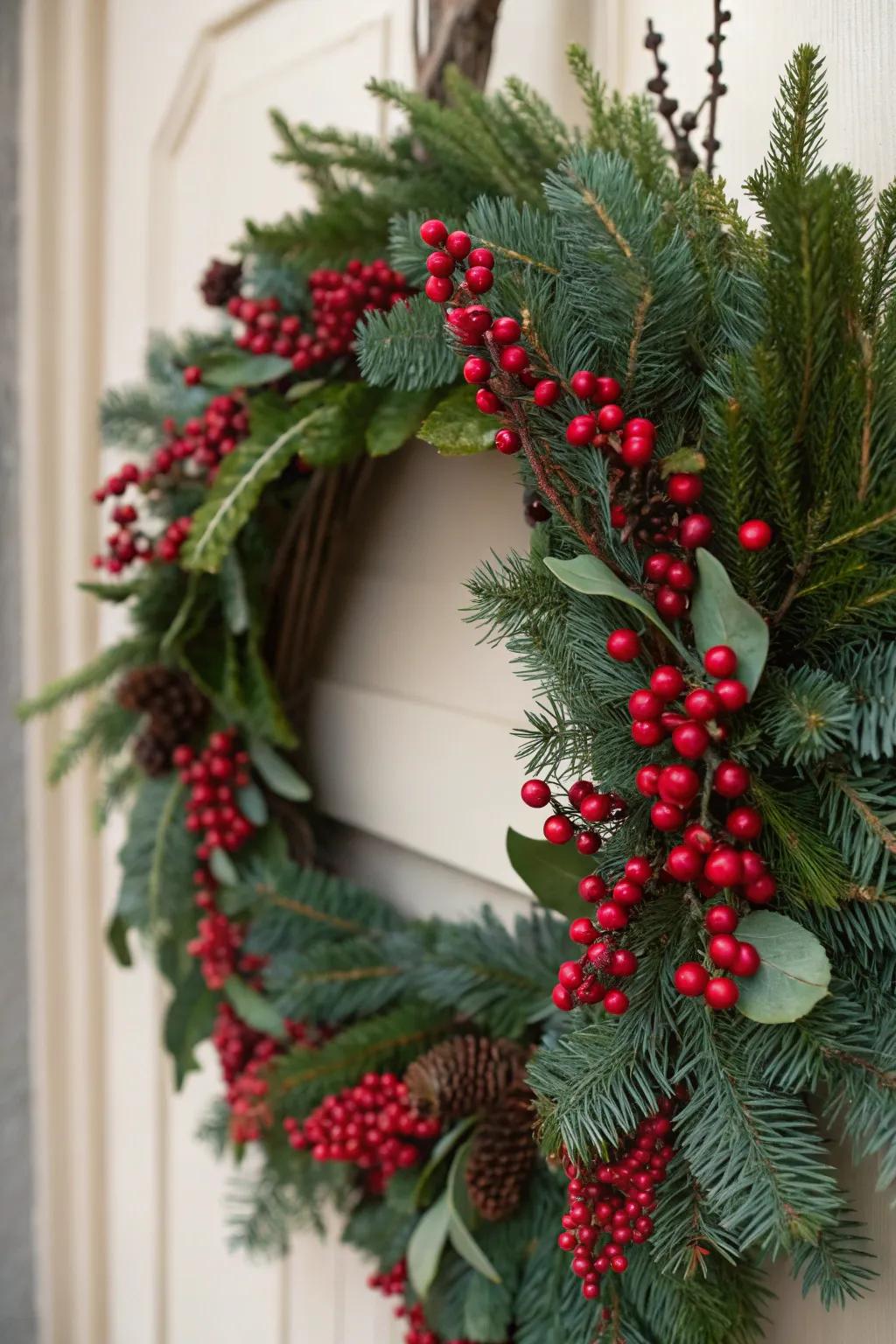 Scarlet berries contribute a festive nuance to this homespun wreath.