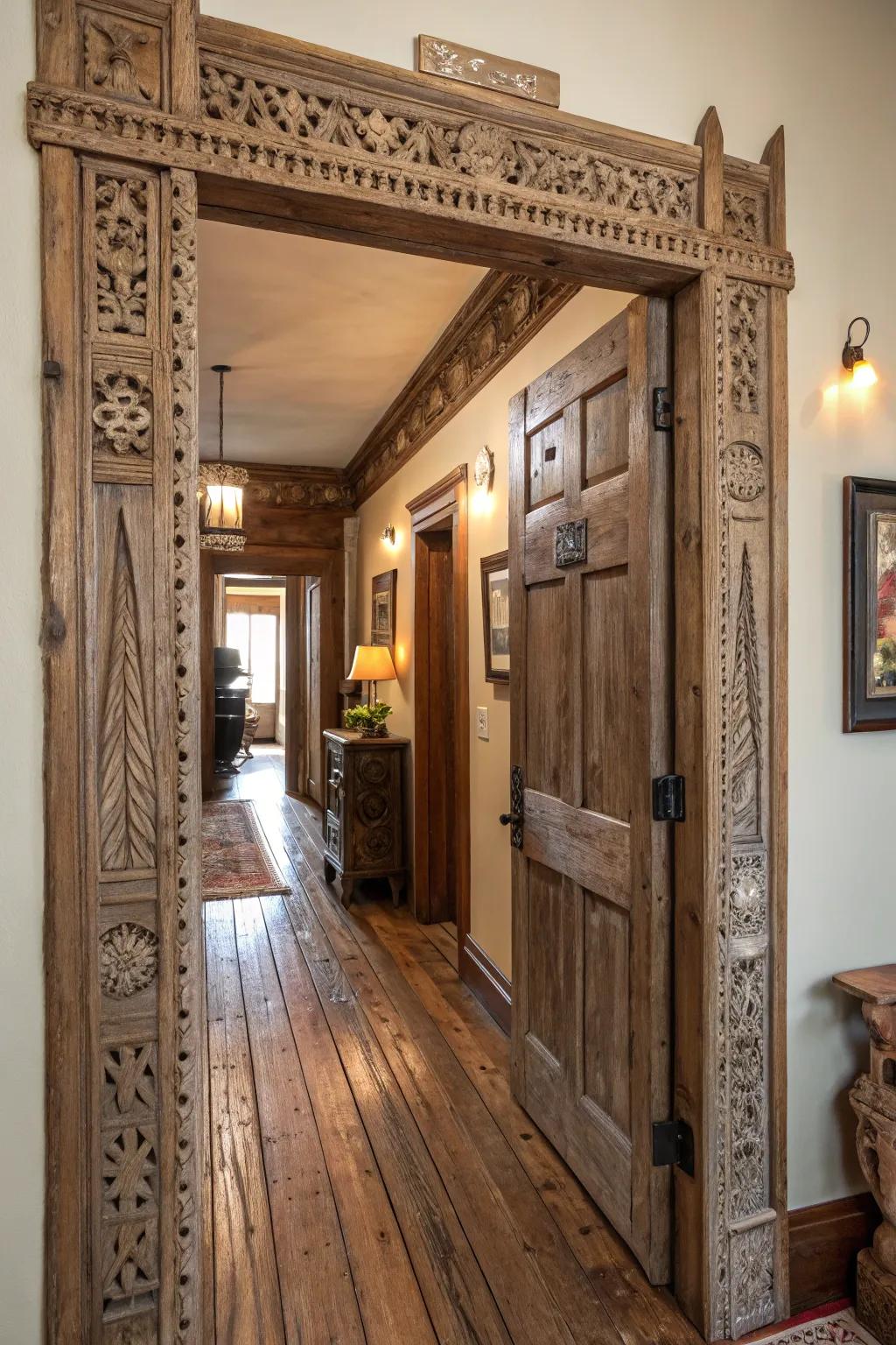 A country-style door trim fashioned from repurposed wood, exuding vintage magnetism.