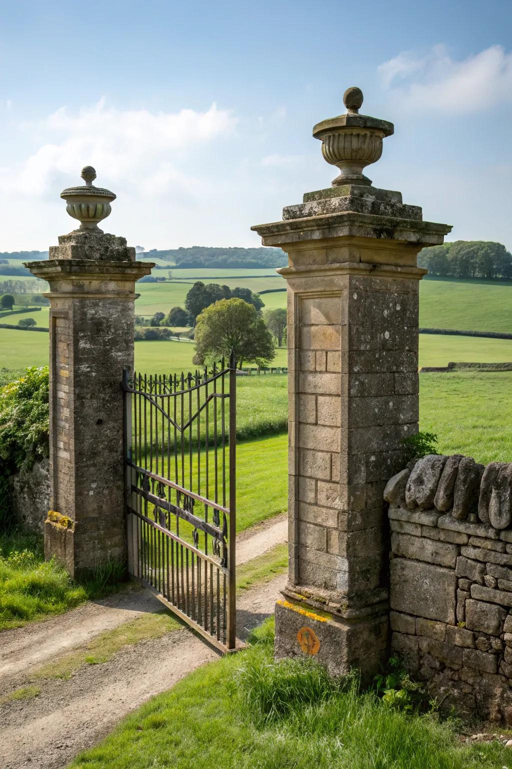 A rural gate flanked by steadfast stone columns.