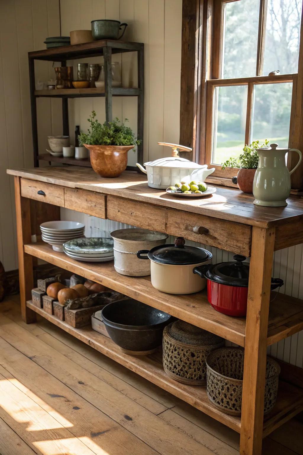 A rustic kitchen island with display niches, a stage for your beloved kitchen treasures.