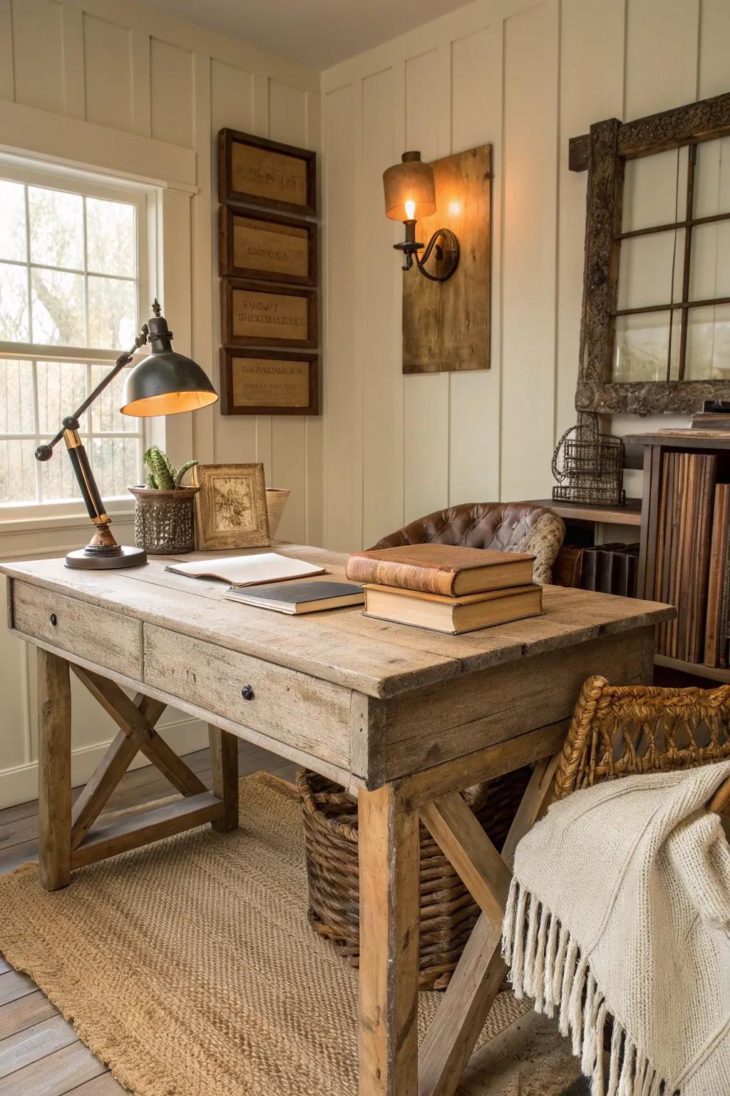 Embrace the allure of a distressed wooden desk as the central element of your rustic workplace.