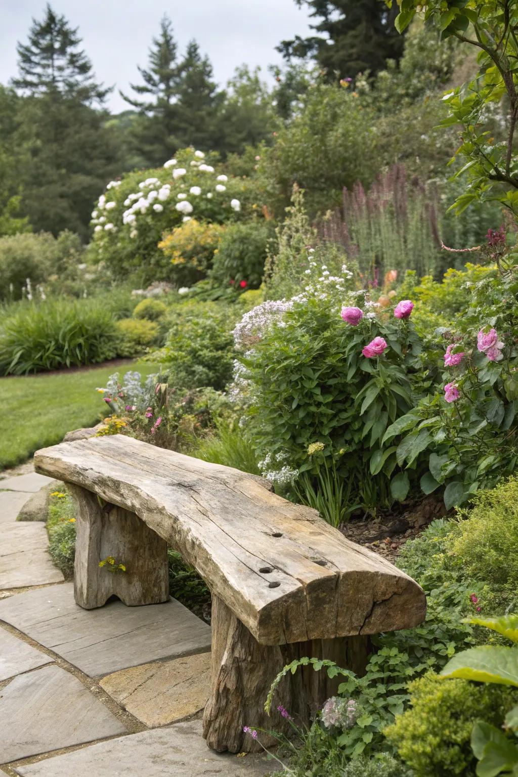 A raw edge garden bench blending harmoniously with its natural environment.