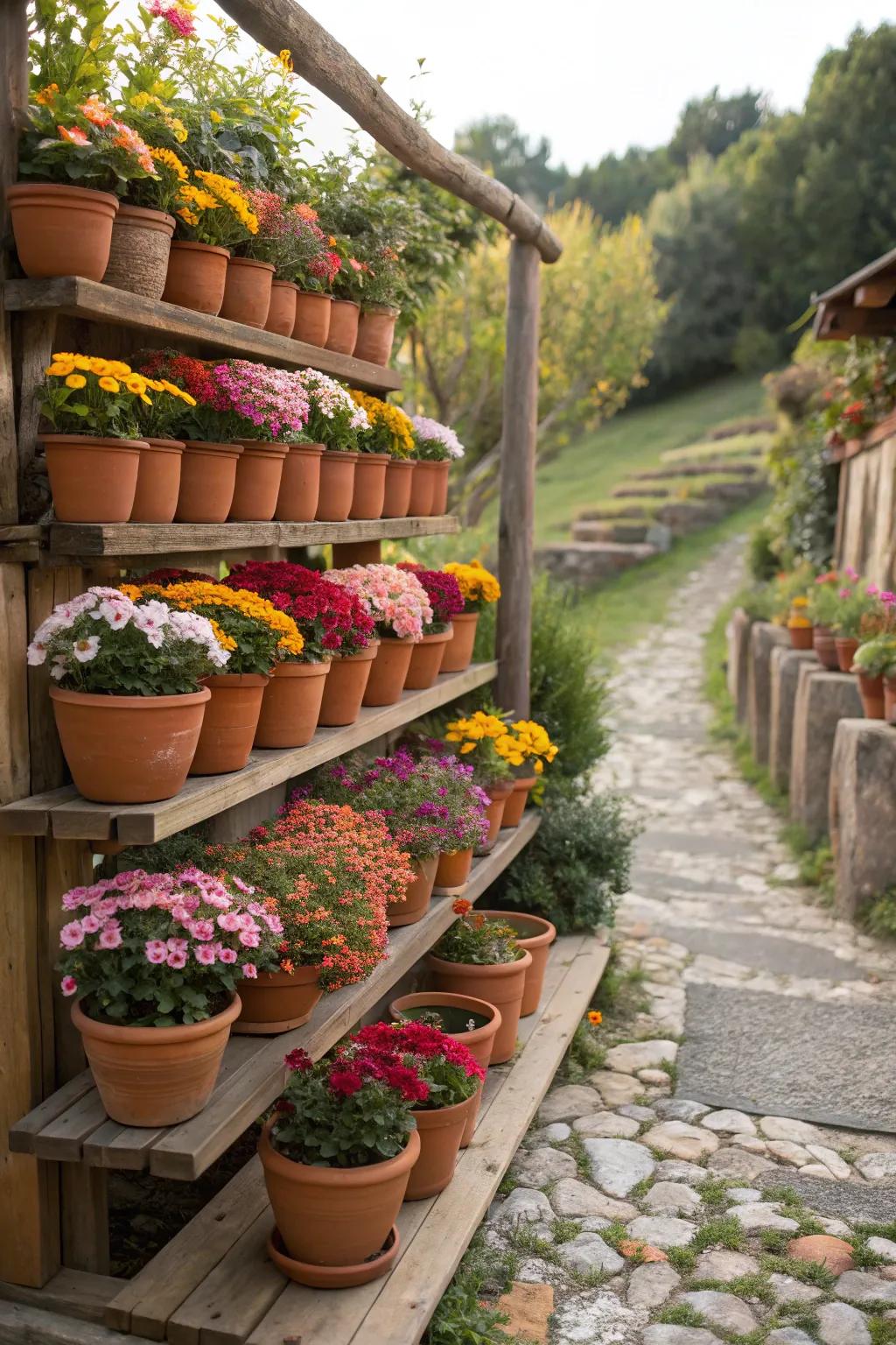 A lively tiered showcase of clay pots and flora.