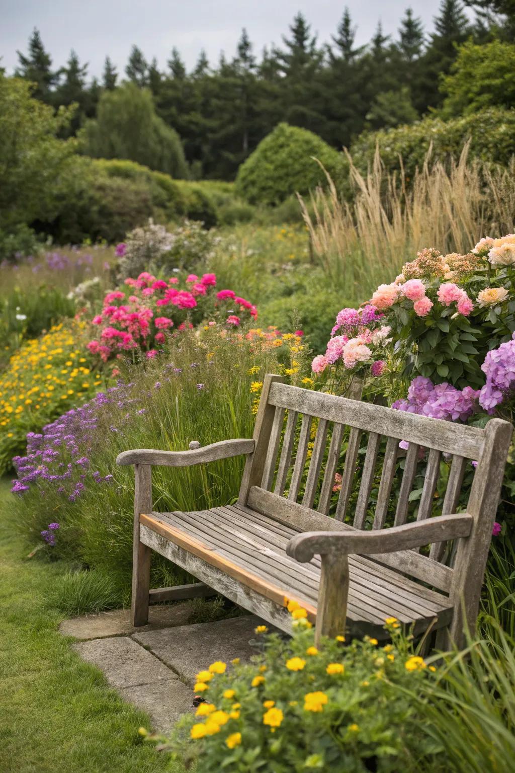 A countryside hardwood seat situated in a lively garden.