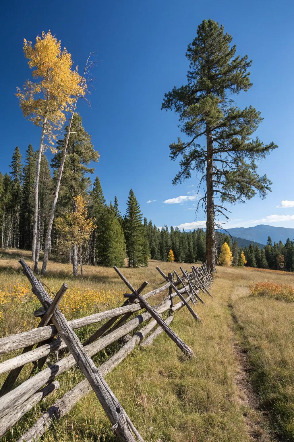 An intersected timber barrier contributes a hint of intricate beauty to a natural setting.