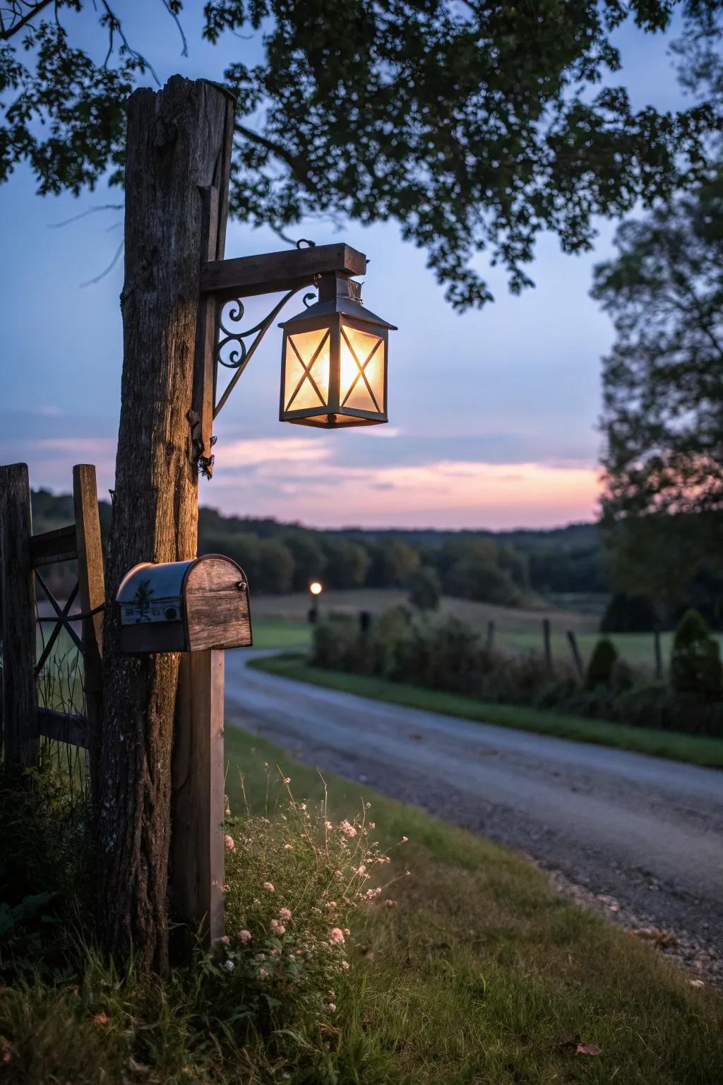 A classic lantern casts a friendly light on this handmade mailbox support.