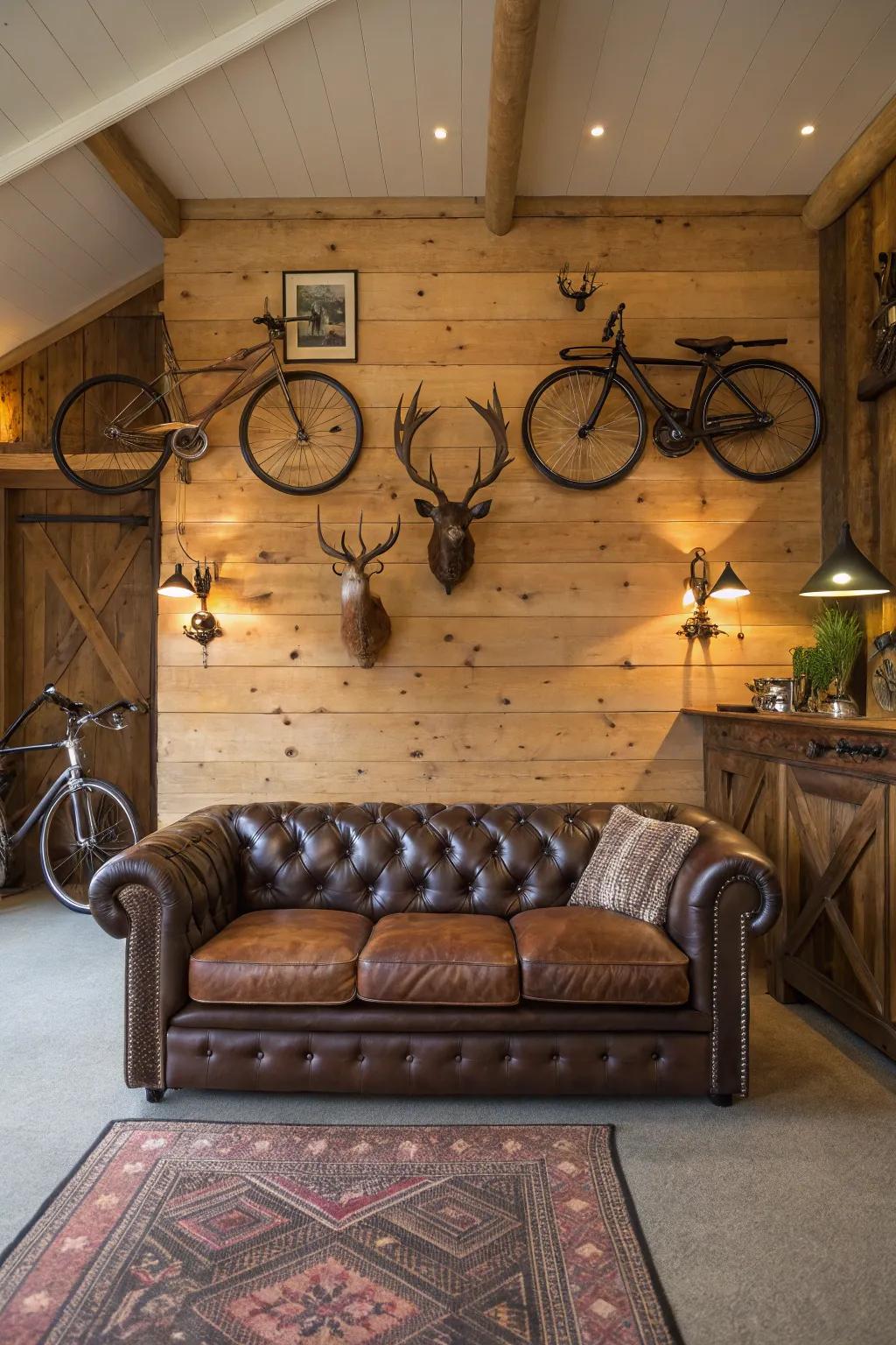 A plush hide divan introduces elegance and comfort to this rustic man cave.