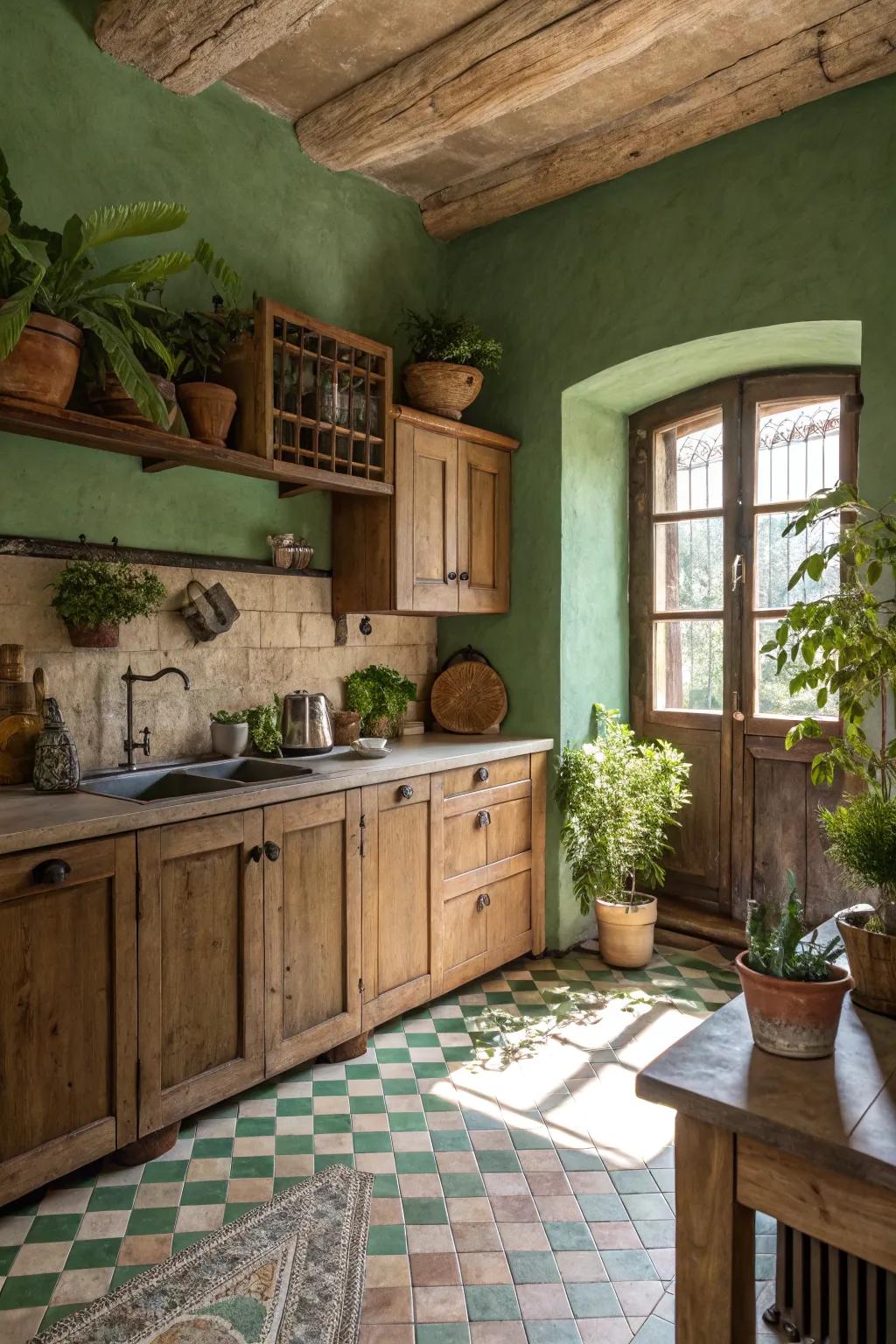 Organic hues generate a serene environment in this country kitchen.
