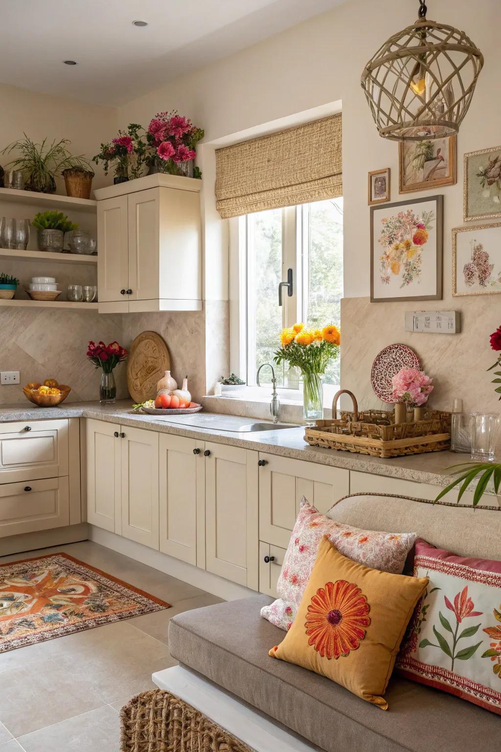 A balanced kitchen featuring a neutral color palette and vibrant highlights.