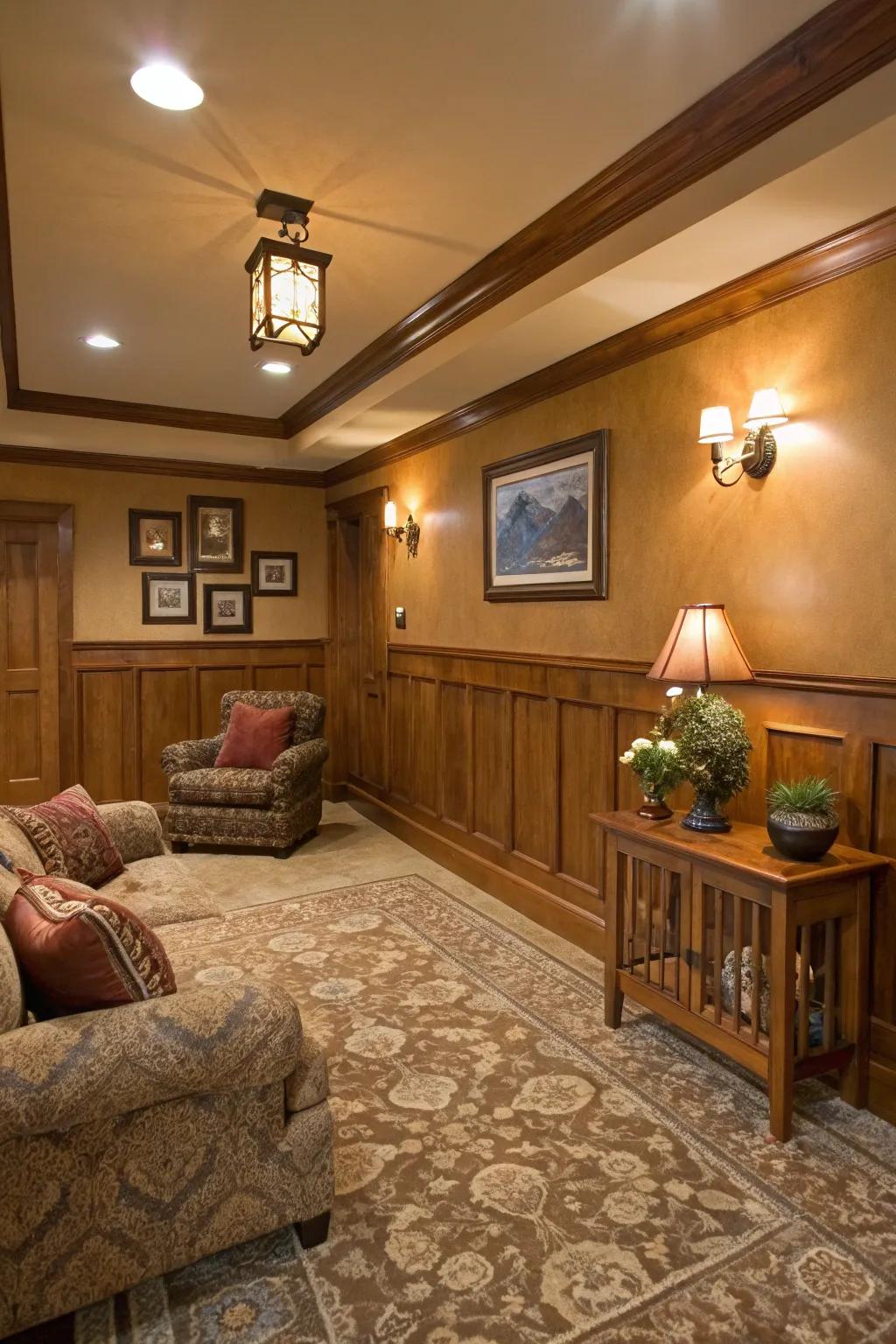 Natural tones in wainscoting conjure a warm and hospitable ambiance.