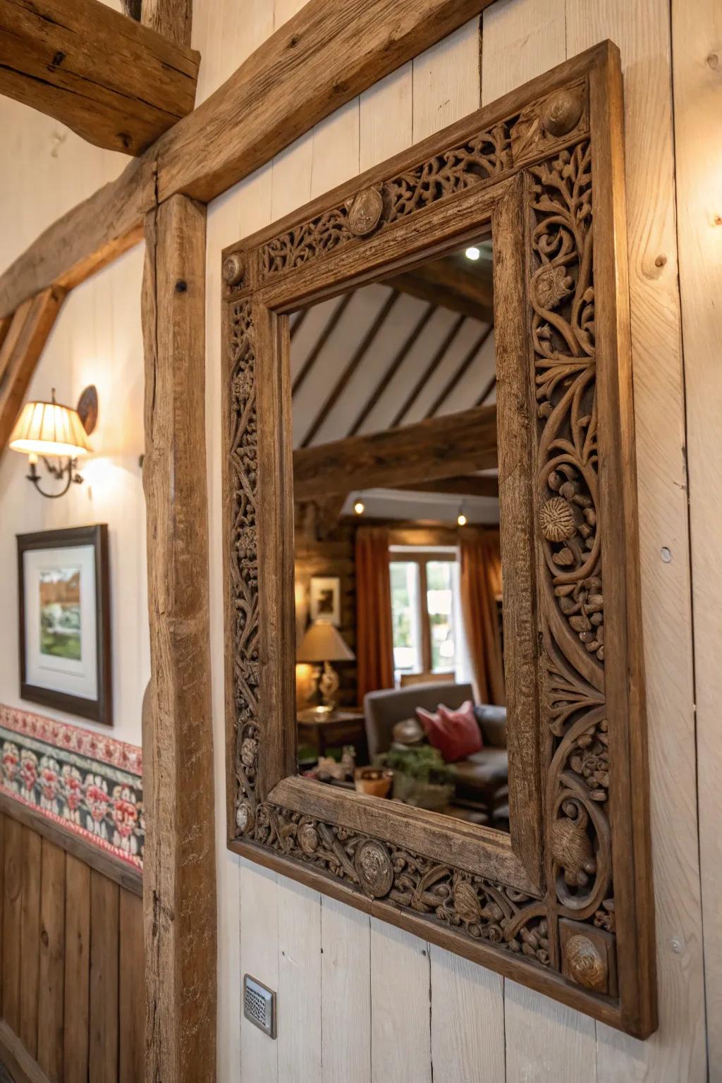 A timeworn framed reflector introduces sophistication and dimension to a country wall arrangement.