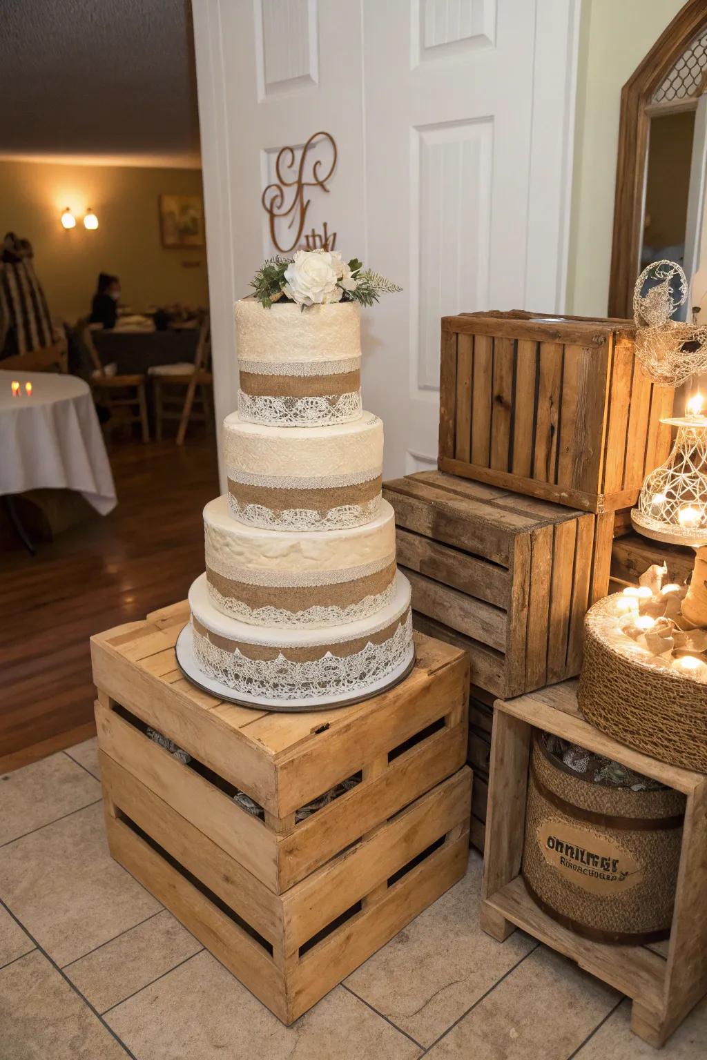 Piled timber containers offering a captivating stage for your cake.