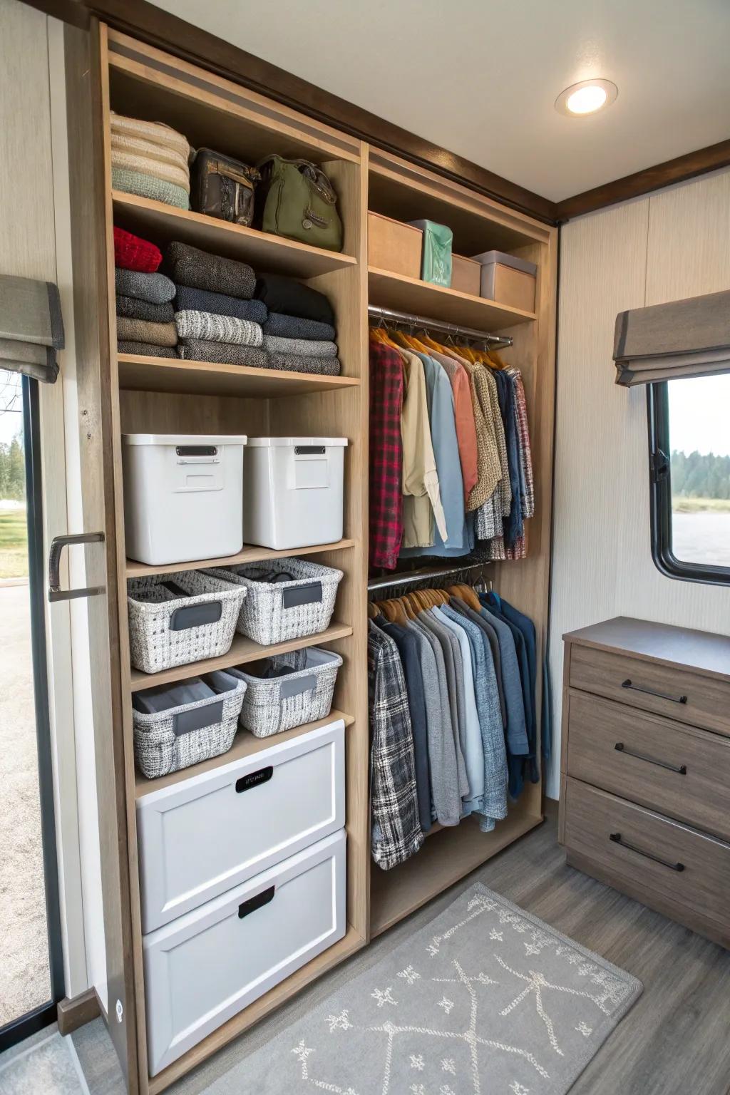 Adjustable platforms make RV closet arrangement simple.