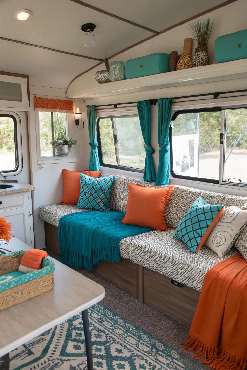 Vibrant teal and orange embellishments invigorate the ambiance of this RV's living space.