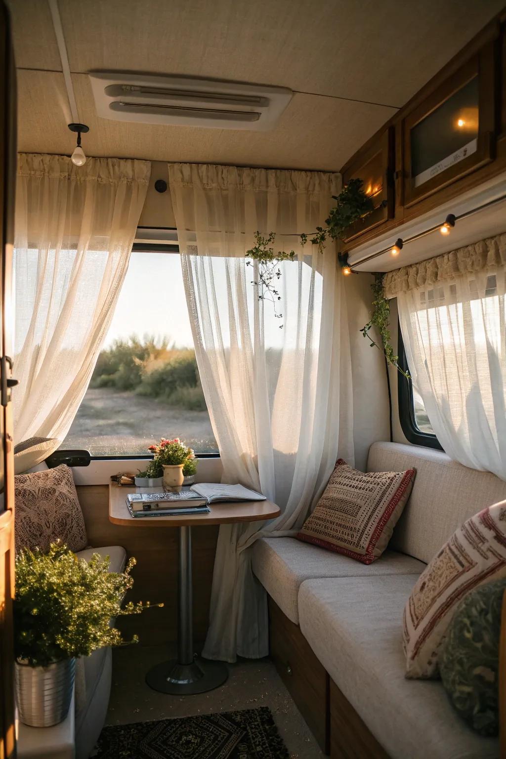 Bathe your RV in gentle, diffused light with sheer curtains.
