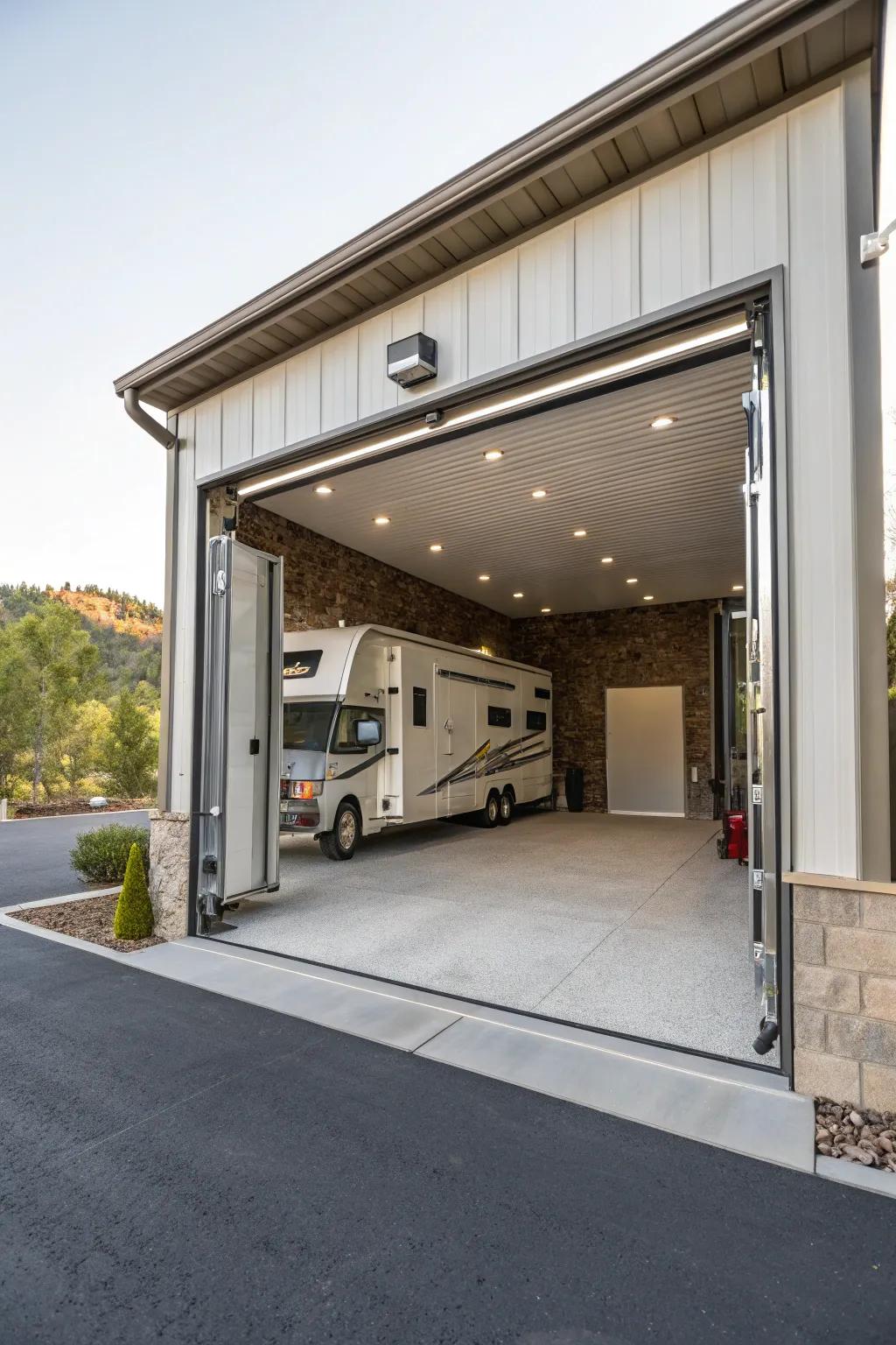 A drive-thru bay in an RV garage is all about smooth accessibility and ease.