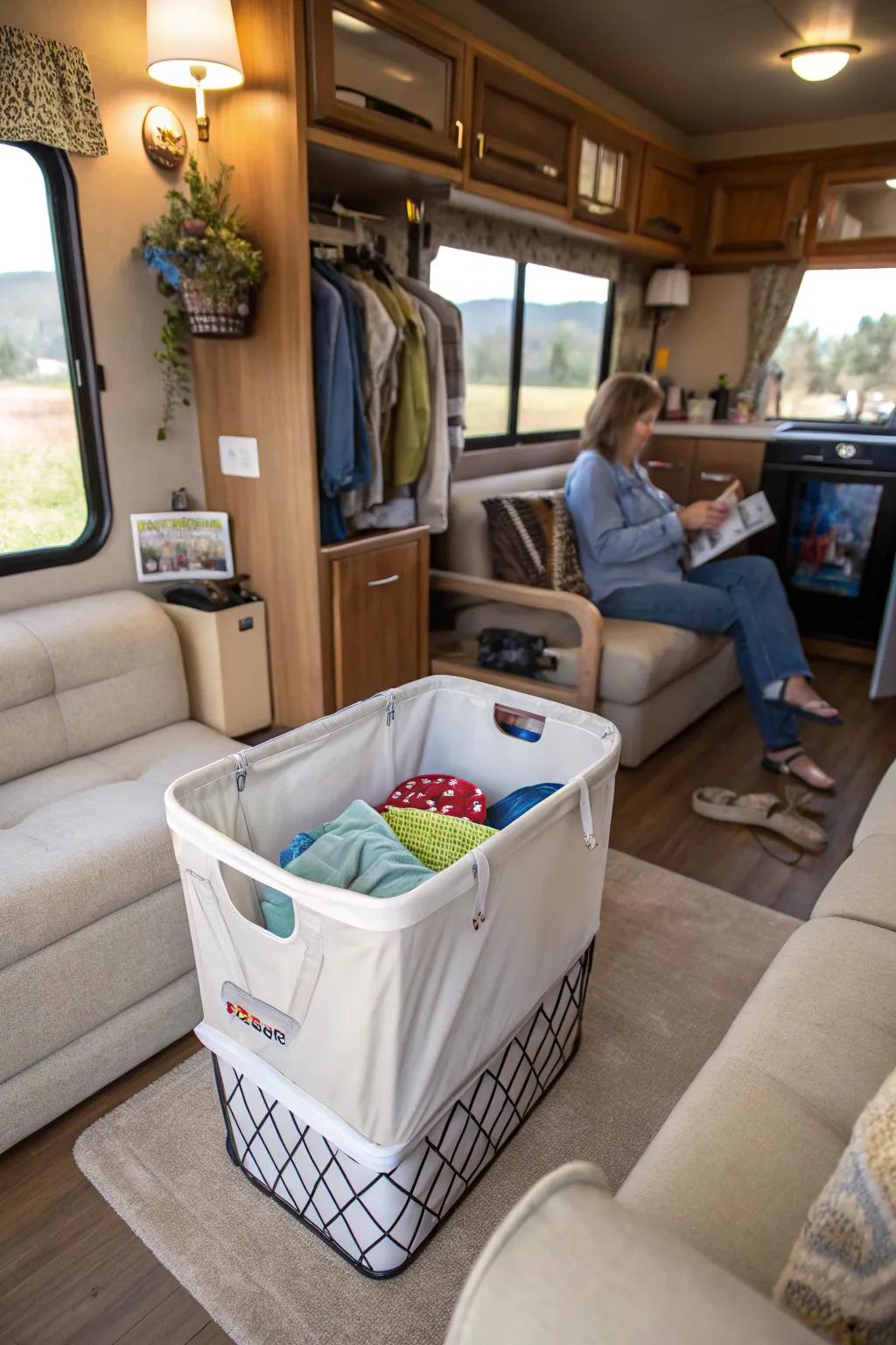 A space-efficient hamper that doubles as a seat in an RV.