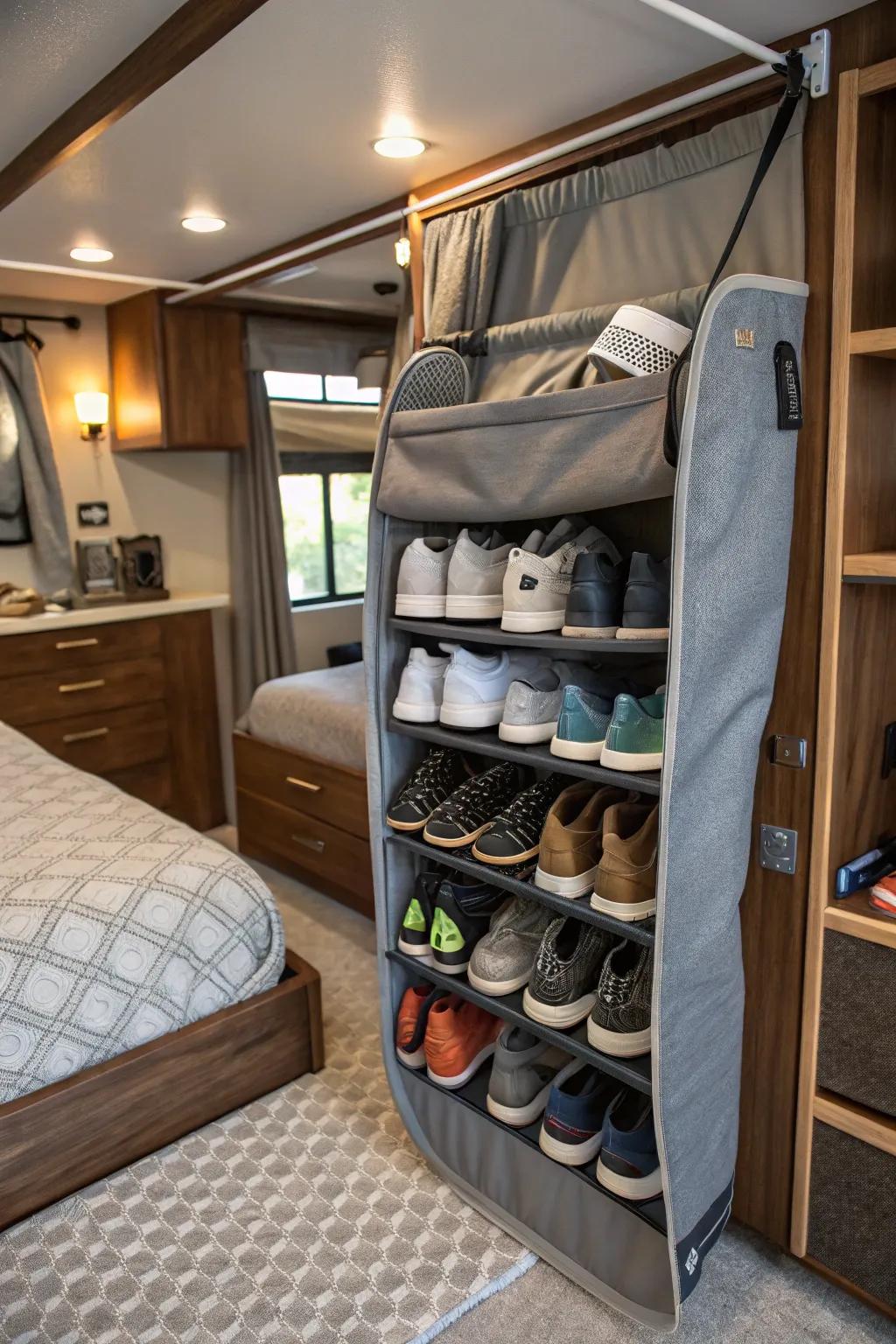 Make use of under-bed area with a clever shoe container answer.