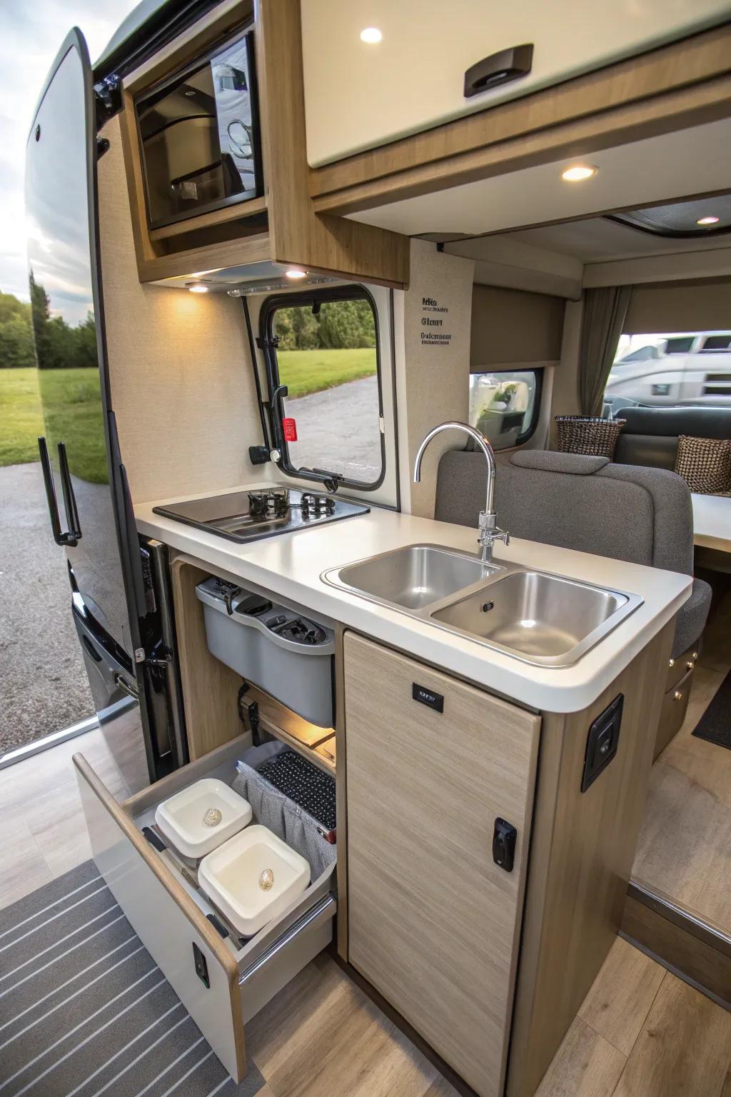 An RV cooking area with a fold-up basin for conserving area.