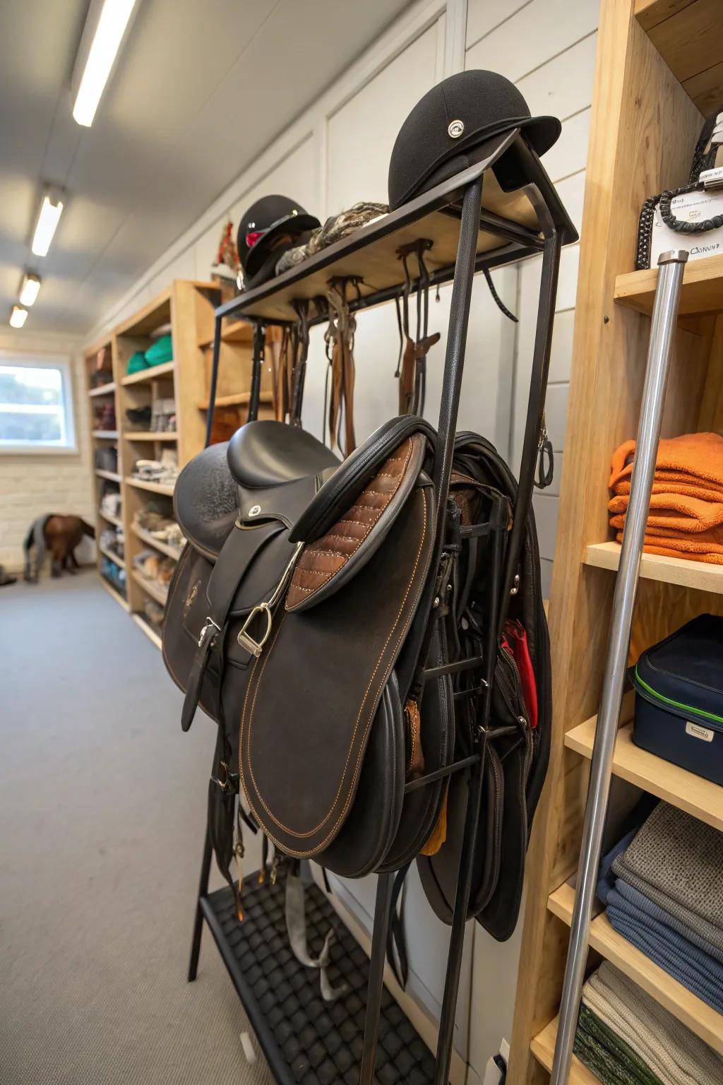 Effectively stack equine seats with multi-layered supports.