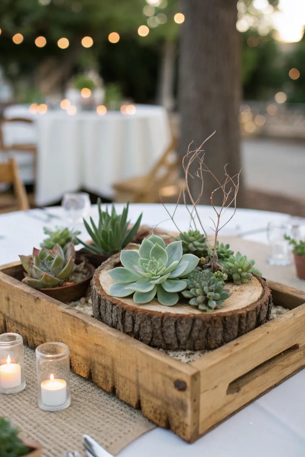 A rustic centerpiece that blends natural textures with soothing sage green tones.